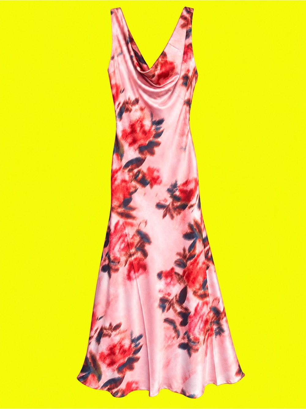 Pink Floral Cowl-Neck Satin Maxi Dress